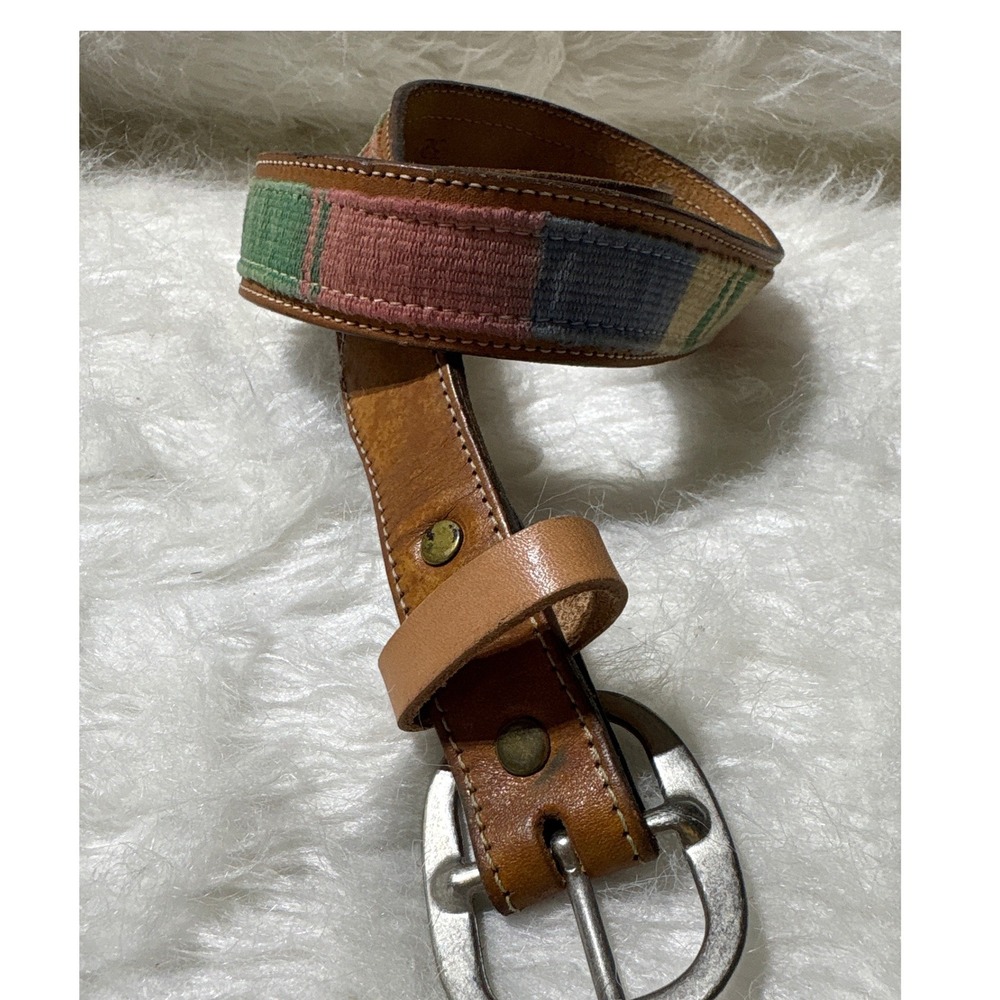 Leather Belt Womens 32 Woven Textile Multi Color Striped Boho Made in USA